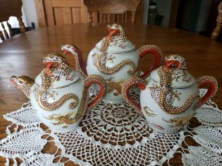Vintage Gold Dragonware Asian Moriage Satsuma Porcelain Teapot Creamer Sugar Set 2