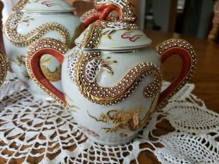 Vintage Gold Dragonware Asian Moriage Satsuma Porcelain Teapot Creamer Sugar Set 3