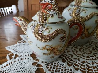 Vintage Gold Dragonware Asian Moriage Satsuma Porcelain Teapot Creamer Sugar Set 4