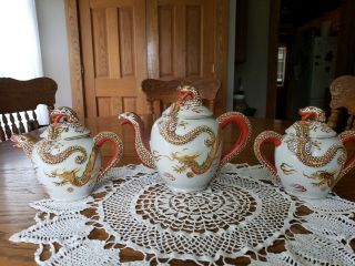 Vintage Gold Dragonware Asian Moriage Satsuma Porcelain Teapot Creamer Sugar Set 5