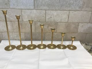 Vintage Set Of 7 Solid Brass Candle Stick Holders Graduating 3 " To 9”