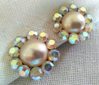 Vintage Ab Rhinestones And Faux Pearl Flower Clip Earrings Signed Marvella