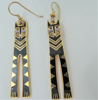 Laurel Burch Vintage " Nubian Cat " Long Black Enamel Cat Pierced Earrings