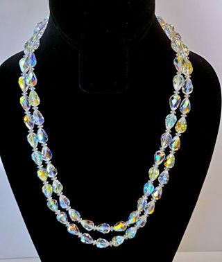 Vintage Vendome Ab Crystal Golds Blues Greens Crystal 2 Strand Necklace 21 Inche