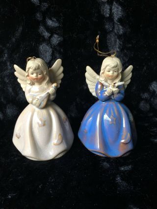 Vintage Porcelain Angel In Blue And Angel In White Bell Ornaments.