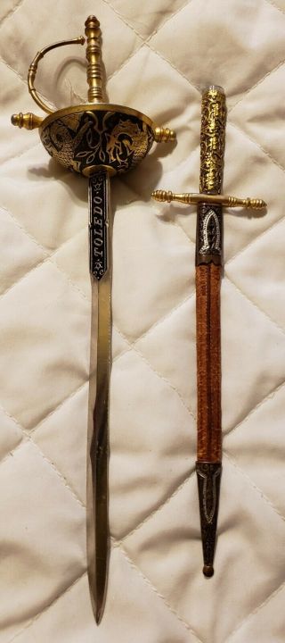 Vintage Toledo Spanish Brass Damascene Sword And Dagger Set,  Letter Openers