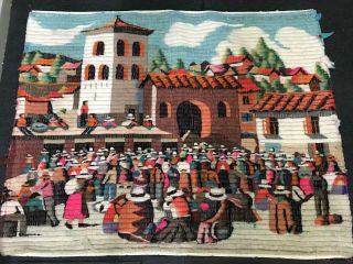 Vtg Spanish Mexican ? Textile Handmade Embroidered Woven Wool Wall Art Village