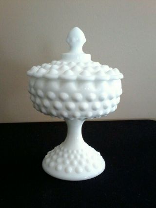 Vintage Fenton Milk Glass Hobnail 8 1/2 " Covered Compote /candy
