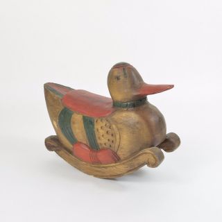 Vintage Primitive Folk Art Painted Carved Wood Rocker Rocking Duck Toy
