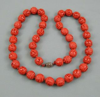 Vintage Chinese Export Carved Cinnabar Lacquer Flower Ball Bead Necklace Silver