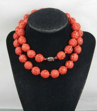 Vintage Chinese Export Carved Cinnabar Lacquer Flower Ball Bead Necklace Silver 3