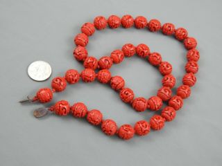 Vintage Chinese Export Carved Cinnabar Lacquer Flower Ball Bead Necklace Silver 5