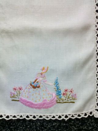 VINTAGE LINEN TABLE RUNNER HAND EMBROIDERED WITH CRINOLINE LADIES 2