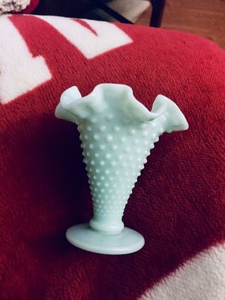 Vtg Fenton Pastel Green Robins Egg Blue Milkglass 3.  75 " Mini Ruffle Hobnail Vase