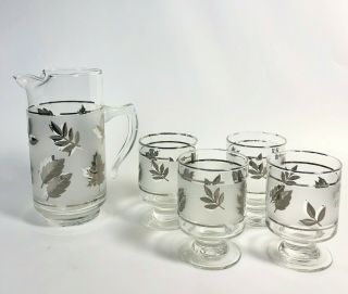 Vintage Libbey Glassware Silver Foliage Leaf 5 Pc Cocktail Set Glasses & Pitcher