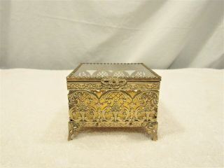 Vintage Gold Finish Glass Ormolu Casket Jewelry Box Metal Glass Top Footed