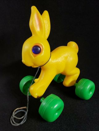 Rare Vintage Empire Plastic Blow Mold Yellow Bunny Rabbit Pull Toy On Wheels