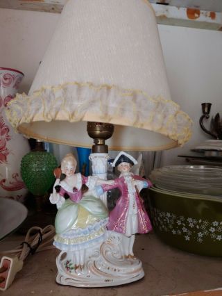 Vintage Antique Porcelain Figure Table Lamp With Cloth Shade