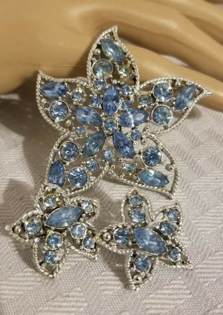 Vintage Sarah Coventry Pin Rhinestone Blue Earrings Flower Brooch Set Starfish