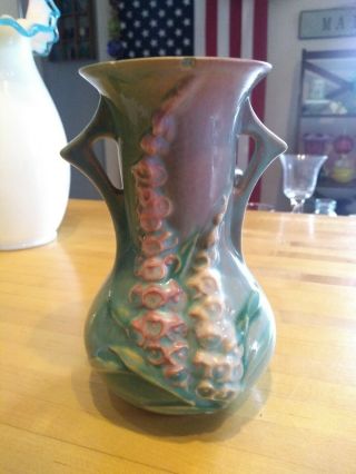 Vintage 1940s Roseville Art Pottery 43 - 6 " Foxglove 2 Handled Vase Teal