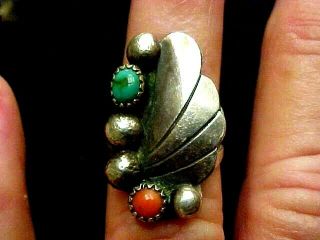Vintage 50,  Yr Old Navajo Turquoise &coral Sterling Silver Ring Sz 6.  5