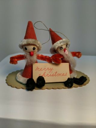 Adorable Vintage Christmas 2 Santa Claus Ornament Chenille Velvet Spun Cotton