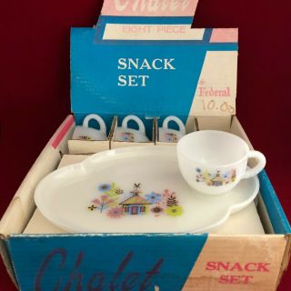 Vintage Federal Glass Chalet Snack Luncheon Set For 4 Milk Glass Nib