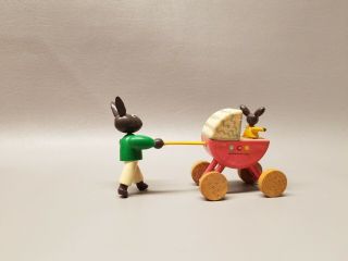 Vintage Japan Shackman wooden wood rabbit with stroller figure toy spring decor 2