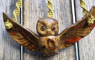 Vintage Retro Ceramic Owl Macrame Decor Hanging Light Brown 20 " Length Hanging