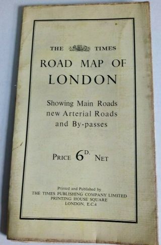 Vintage Road Map Of London The Times C1930s.  Main Roads,  By Passes,  Arterial Roads