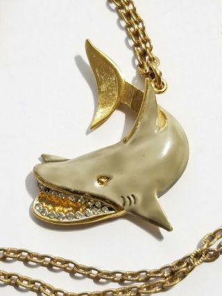 Signed Vintage Jj Enamel Rhinestone Gold Tone Shark Pendant Necklace
