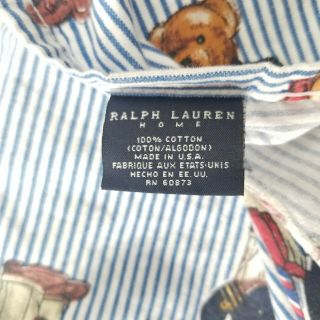 Ralph Lauren Polo Bear Twin Flat Sheet Blue Striped Vintage USA Bedding Fabric 2