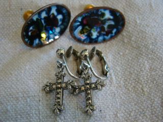 2 Pair Vintage Clip On Earrings - Silvertone Tiny Crosses & Oval Enameled 51628