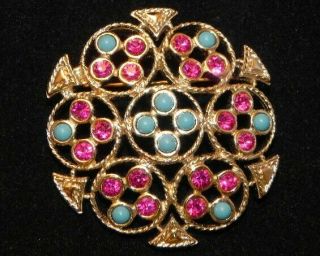 Vintage Sarah Coventry Blue Bead Pin Red Rhinestone Gold Tone Brooch