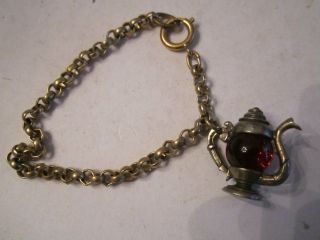 Vtg Bracelet With Red Crystal Tea Pot - Made In Germany - 7 " Long - Ofcc