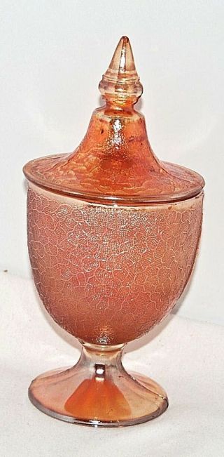 Vintage Imperial Crackle Marigold Carnival Glass 8 " H Covered Candy Jar C 1930
