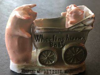Vintage Fairing Pigs Wheeling A Baby Carriage With Babies,  Marked Germany