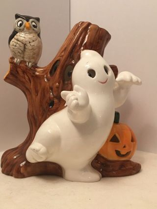 Vintage Ceramic Holloween Light Up Tree With Ghost Pumpkin And Owl