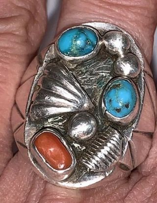 Vintage Sterling Silver Navajo Turquoise Coral Stone Men 