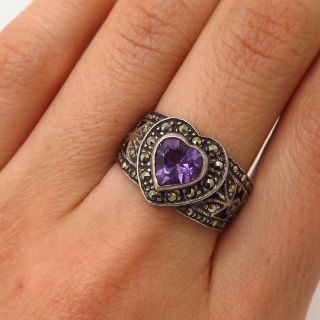 925 Sterling Silver Vintage Real Amethyst Gem Heart Ring Size Ring Size 7 3/4