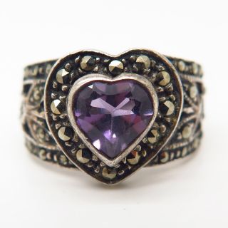925 Sterling Silver Vintage Real Amethyst Gem Heart Ring Size Ring Size 7 3/4 2
