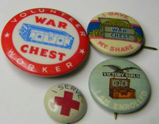 4 Vintage Ww1 Ww11 Home Front Pinback Button War Chest Volunteer