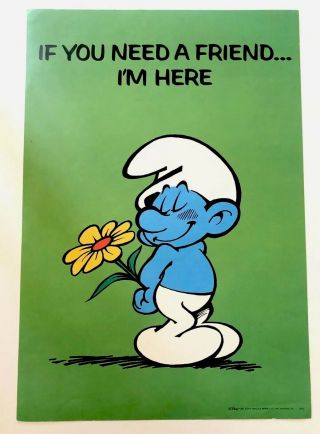 Vintage 1982 Peyo Smurf Poster If You Need A Friend I’m Here Wallace Berrie & Co