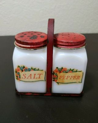 Vintage Tipp City Milk Glass Shakers Salt Pepper Flowers Red Metal Top Caddy Set