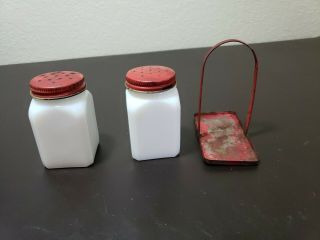 Vintage Tipp City Milk Glass Shakers Salt Pepper Flowers Red Metal Top Caddy Set 6