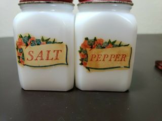 Vintage Tipp City Milk Glass Shakers Salt Pepper Flowers Red Metal Top Caddy Set 7