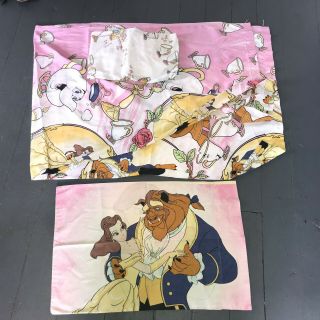 Vintage Disney Beauty And The Beast Twin Sheet Set Flat Fitted Pillowcase 3 Pc