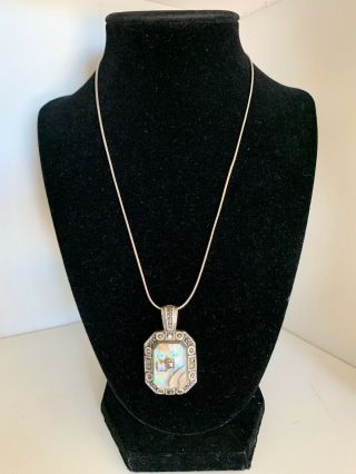 Vintage Sterling Silver Mother Of Pearl And Marcasite Pendant Sterling Chain
