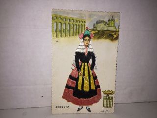 Spanish Embroidered Silk Postcard Vintage 1940 - 50 Marked Segovia
