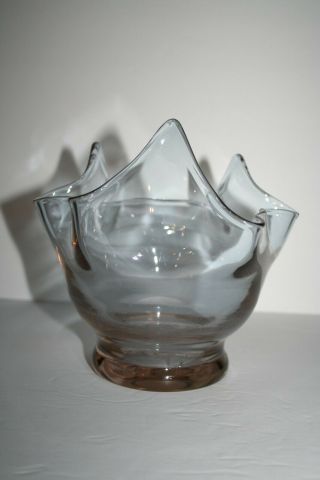 Vintage Grey Clear Ruffled Edges Hand Blown Art Glass Bowl